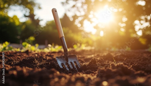 Garden fork resting in freshly turned soil at sunrise
