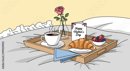 Hand drawn illustration of a breakfast tray on a bed for Mothers Day.
