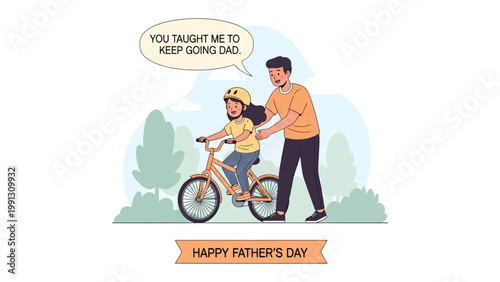 Learning to Ride: Father's Day Scene. A young girl, encouraged by her dad, confidently navigates a bicycle, their moment of learning framed by a serene outdoor backdrop.