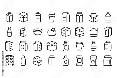 Food container icons, packaging bottle carton takeaway symbols