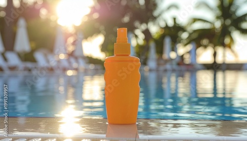 Orange sunscreen bottle near a swimming pool at sunset