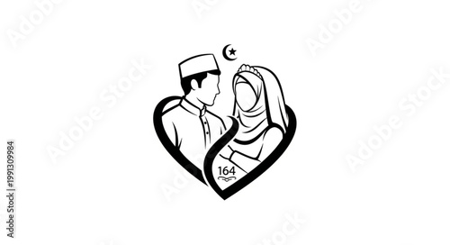 Muslim couple in love, a symbol of marriage and faith, black and white illustration.