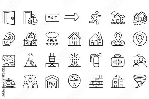 Emergency evacuation icons, disaster safety exit rescue symbols