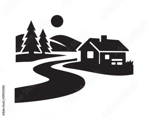 Riverside home by a winding river with pine trees and hills silhouette vector on white background