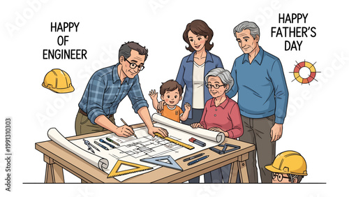 Family Gathering Illustration: A heartwarming illustration of a family gathered around a table with blueprints, celebrating both Father's Day and a special engineering event.