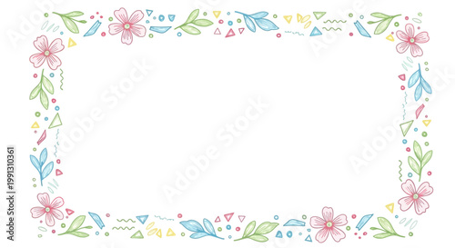 Hand-drawn floral border with colorful geometric shapes and leaves on white background