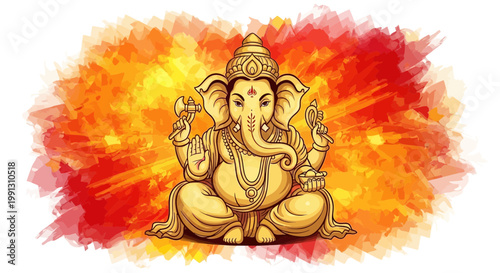 Lord Ganesha sitting in meditation with vibrant abstract background