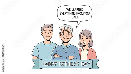 Happy Father's Day: A heartfelt cartoon illustration portraying a father surrounded by his adult children, each expressing gratitude for his guidance and love.