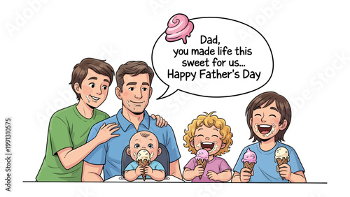 Father's Day sweetness: A heartwarming illustration of a father and his children enjoying ice cream together, celebrating the special day with love and appreciation.