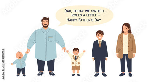 Family in Roles Reversal: A heartwarming portrayal of role reversal between dad and family, ideal for celebrating father's day. A dad being taken care by his family as roles are switched for that day.
