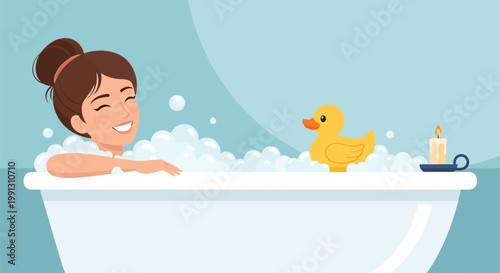 Happy young woman relaxing in a bubble bath with a rubber duck.