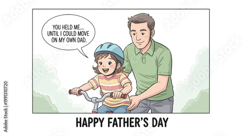 Father's Day Learning: A heartwarming illustration captures a father's patient guidance as his daughter learns to ride her bicycle, showcasing the bond of learning and growth.