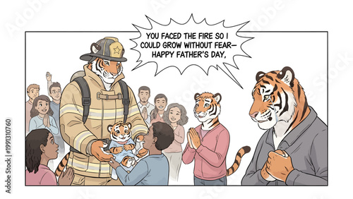 Father's Day Dedication: A heartwarming comic illustration for father's day where a fireman tiger is being praised by a child tiger and family. the family gather to convey their gratitude. 