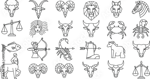 "Set of Zodiac and Astrology Symbols Featuring Animal Icons and Constellations for Horoscope, Astrology, and Spiritual Designs"