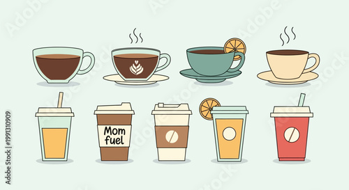 Set of Various Hand Drawn Coffee and Tea Drinks.