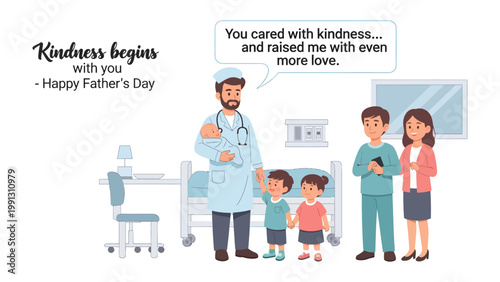 Father's Day Dedication: A heartfelt illustration dedicated to Father's Day, showcasing a medical professional tenderly holding a newborn, surrounded by the loving family.