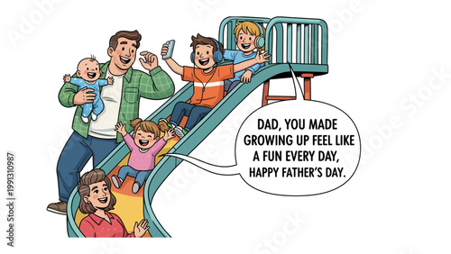 A Family's Joyful Slide: A heartwarming scene unfolds as a family enjoys a day of play, with children sliding down a playground slide, capturing the spirit of Father's Day. 