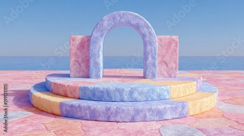 A surreal 3D podium featuring a stone arch and rectangular pillars in pastel pink and purple marble, set against a calm blue ocean and clear sky horizon.