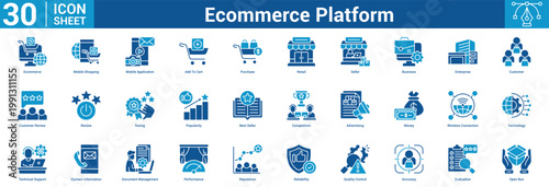 Ecommerce Platform editable icon set containing business with icon of Ecommerce, Mobile Shopping, Mobile Application, Add To Cart, Purchase, Retail, Seller, Business, Enterprise, Customer, Customer.