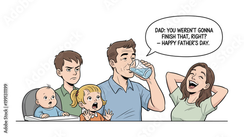 Father's Day Scene: A humorous illustrated family scene, showing a dad being playfully teased as he drinks from a glass, with a thought bubble expressing a Happy Father's Day message. 