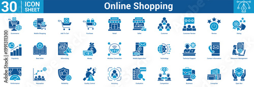 Online Shopping editable icon set containing business with icon of Ecommerce, Mobile Shopping, Add To Cart, Purchase, Retail, Seller, Customer, Customer Review, Review, Rating, Popularity, Best Se.