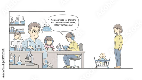 Father's Day in the Lab: A heartwarming illustration depicts a father figure in a lab coat, surrounded by his children, a baby, and his wife, celebrating Father's Day with joy and discovery.