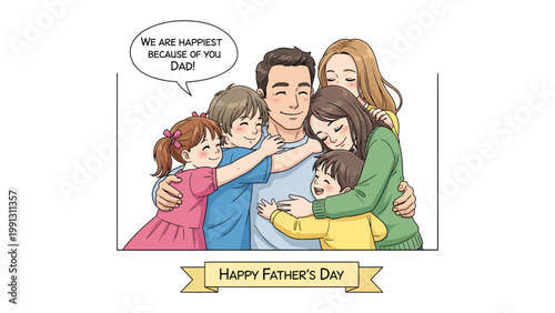 Family's Warm Embrace: A loving family, comprised of parents and children, united in a heartwarming hug, conveying pure joy and affection on Father's Day.