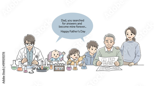 Father's Day in the Laboratory: A heartwarming illustration shows a father, surrounded by his family, joyfully working in a lab setting, symbolizing his quest for knowledge and dedication.
