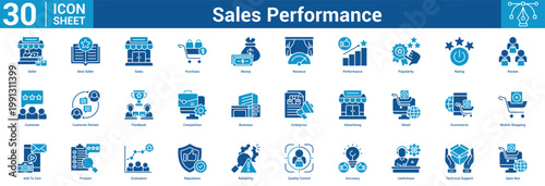 Sales Performance editable icon set containing business with icon of Seller, Best Seller, Sales, Purchase, Money, Revenue, Performance, Popularity, Rating, Review, Customer, Customer Review, Fe.
