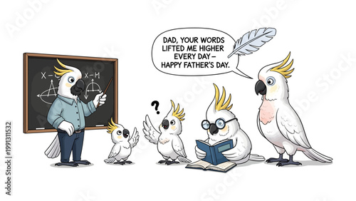 Parrot Family Celebrating Father's Day: An endearing illustration depicts a family of parrots, with the father figure imparting wisdom from a chalkboard.