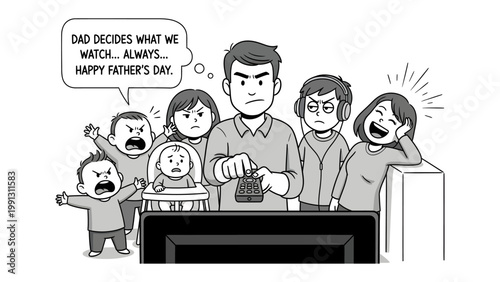 Father's Day Television Drama: A father's television remote control choices ignite a spectrum of emotions among his children on Father's Day, showcasing the power dynamics and family fun. 