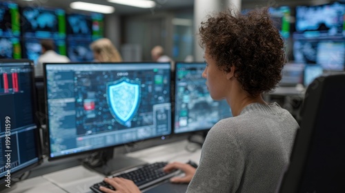 Cyber security analyst working at multiple monitors showing shield interface for cybersecurity operations dashboard and monitoring background