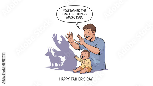 Father's Day Magical Shadow Play: A heartwarming scene where a father creates shadow puppets for his child, conjuring playful animals. The father and baby share a moment of laughter and wonder.