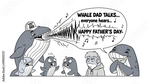 Whale Dad Talks: A heartwarming scene where a whale father communicates, broadcasting a special message of Father's Day, illustrating the strong bond between a dad and his family.