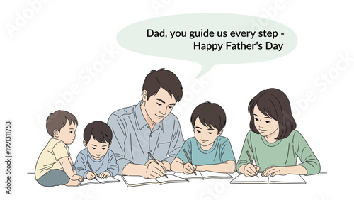 Father's Day Learning: A heartwarming scene unfolds as a father guides his children, fostering a learning environment filled with care. Capturing the spirit of togetherness and the role of a father.