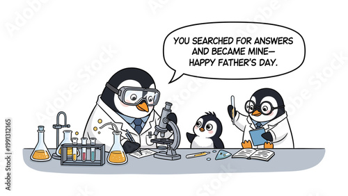 Father's Day Science: In a whimsical laboratory setting, a penguin family, clad in lab coats and safety goggles, engages in scientific exploration, with a special message of love and gratitude. 