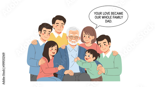 A Family's Love: Heartwarming illustration of a multi-generational family gathered around their patriarch, a testament to the bonds of love, support, and enduring connection.