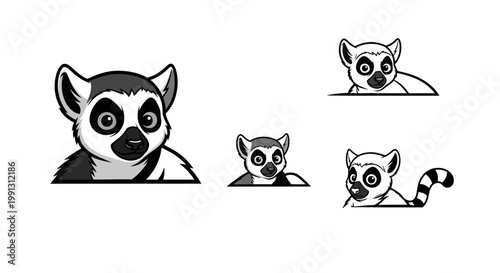 Adorable Lemur Cartoon Characters Peeking Over Edge in Black and White.