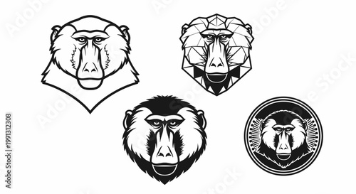 Baboon Head Designs - Geometric, Detailed, and Emblematic Illustrations.