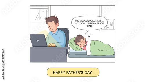 Father's Day Dedication: A tender illustration portraying a dedicated father working at his desk while his child sleeps peacefully, representing love and sacrifice.