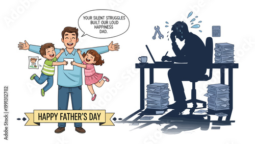 Father's Day: A heartwarming illustration portraying a father's love, sacrifices, and struggles. The image captures the joy of family moments juxtaposed with the stresses of work.