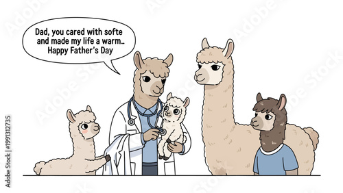 Father's Day with Alpacas: A heartwarming scene unfolds as a family of alpacas celebrate Father's Day, highlighting a father's tender care and a child's appreciation.