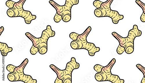 Galangal Seamless Pattern. Handdrawn Root Illustration. Botanical Spice Background. for Packaging Textile Design