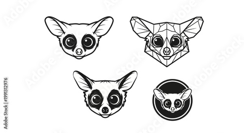 Collection of Adorable Bush Baby Head Illustrations in Various Styles.