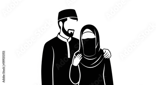 Muslim couple in traditional attire, embracing each other with love and respect.