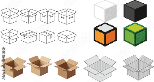 Cardboard box packaging template set with open closed die cut layout cube styles vector illustration collection