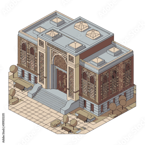 Isometric illustration of a grand building with intricate facade details and surrounding benches and trees.