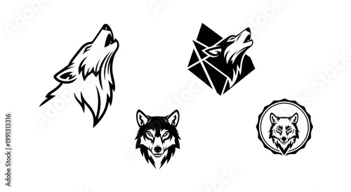 Collection of Wolf Head Illustrations in Black and White.