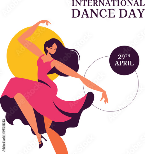 A vibrant illustration of a woman dancing in a pink dress on International Dance Day