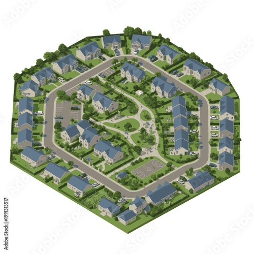Aerial view of a modern housing development with a circular street layout and green spaces.